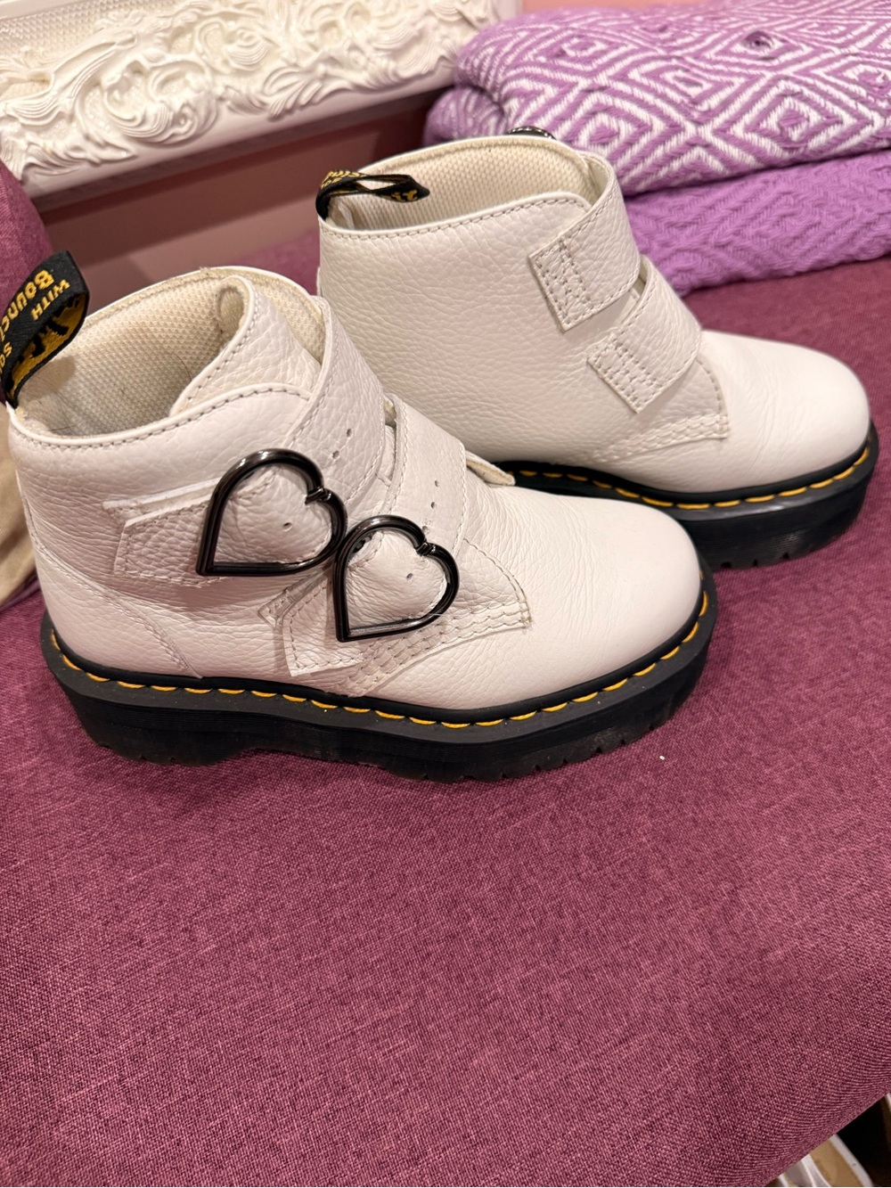 Dr. Martens White Kids Heart-Buckle Ankle Boots